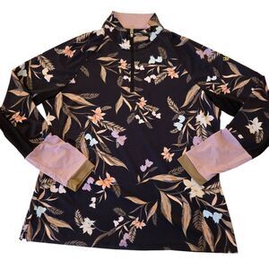 Kastel Denmark Womens Garden Blooms Quarter Zip UPF Sun Shirt Black Tan Size XL